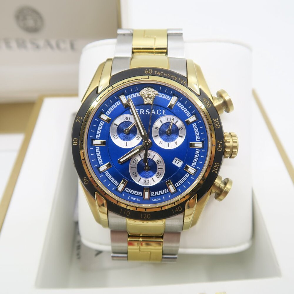 Versace VE2101021 V-Ray Chronograph, 2 Tone Bracelet, Quartz, New Watch for Men.